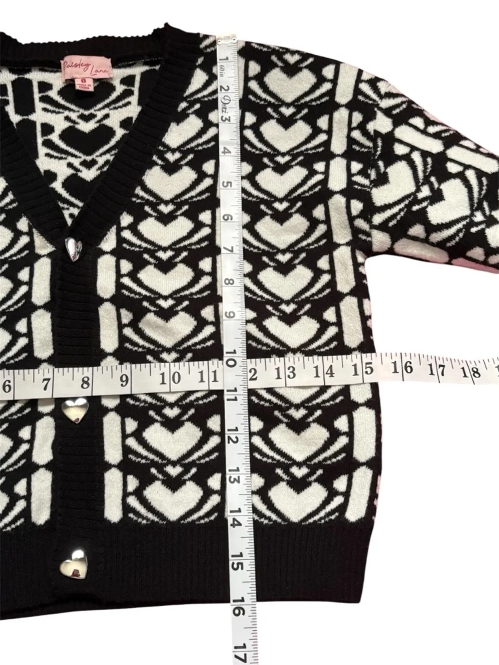 Paisley lane  Black & White Heart Jacquard Cardigan